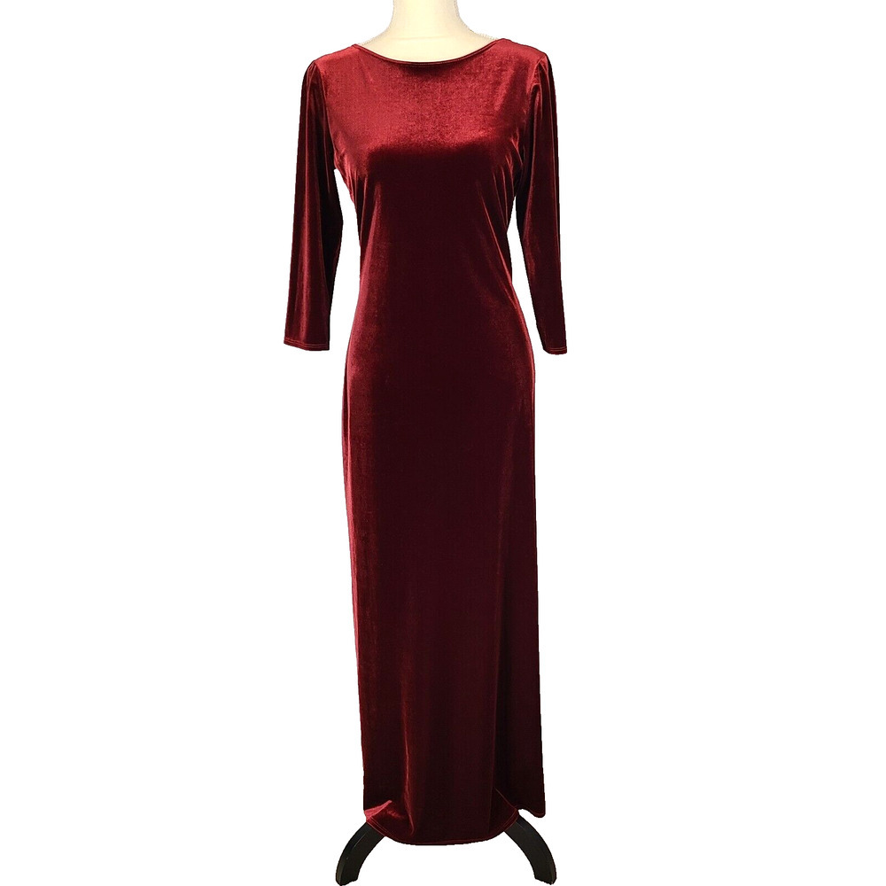 VTG LAUNDRY by Shelli Segal Red Velvet Maxi Dress LG Backless Stretch 3/4 Sleeve